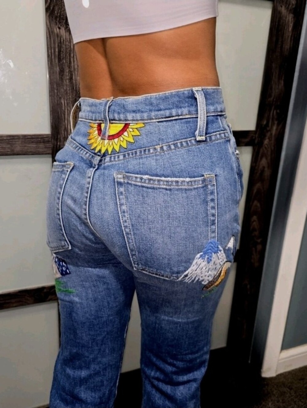 Alice + Olivia Amazing High Rise Girlfriend Embroidered Mountain Hippie Jeans